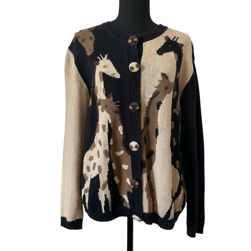 Vintage Animal Cardigan Sweater Giraffe Knit Black Brown Embroidered Size Medium